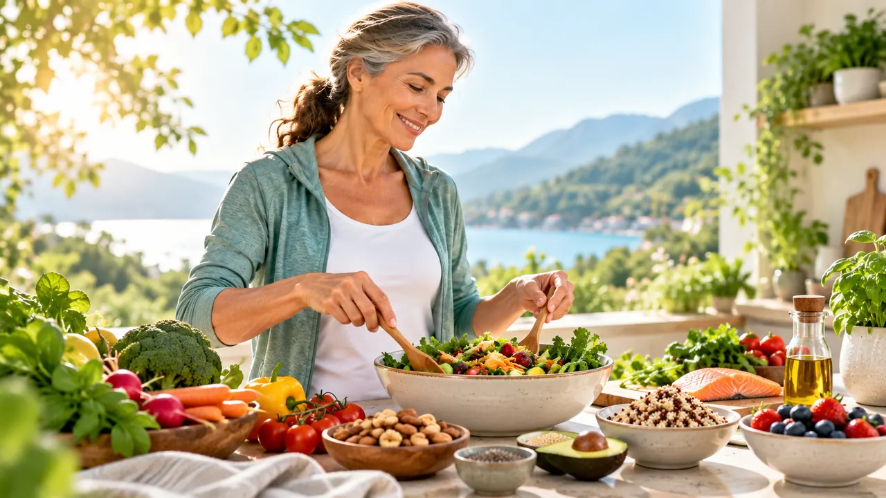 Mulher preparando uma salada com verduras, legumes, frutas e outros alimentos frescos.