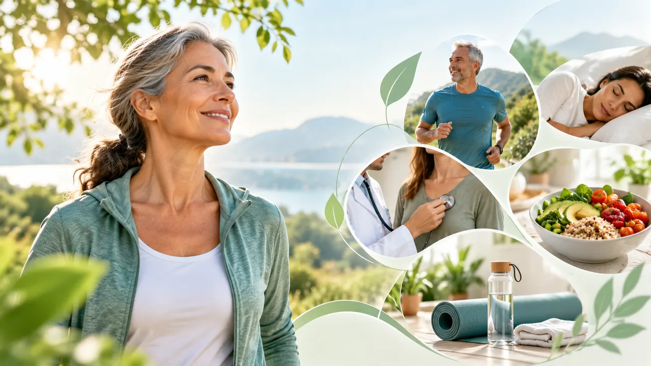 Mulher em ambiente natural e cenas de acompanhamento médico, atividade física, sono e alimentação.