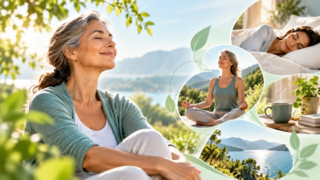 Mulher descansando em contato com a natureza e cenas de sono, meditação e tranquilidade.