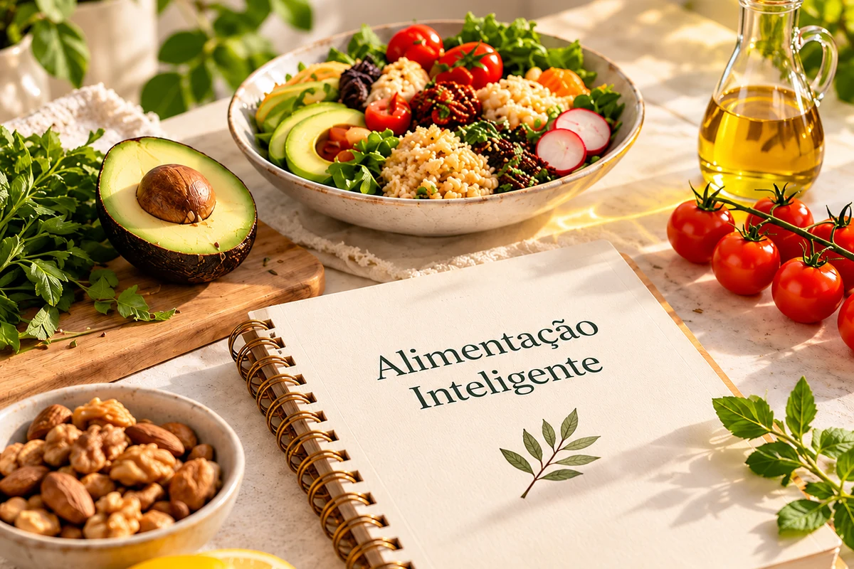 Caderno Alimentação Inteligente ao lado de salada, abacate, tomates e azeite em mesa iluminada.