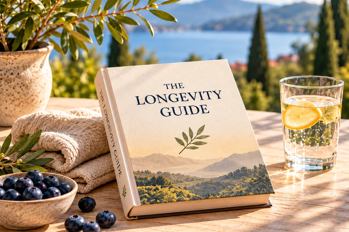 Livro The Longevity Guide sobre mesa em cenário natural, representando hábitos e envelhecimento saudável.