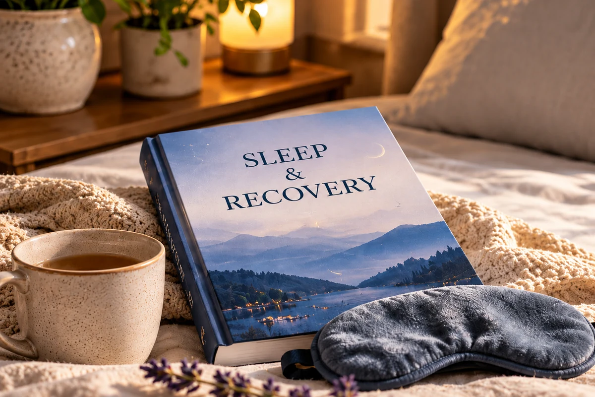 Livro Better Sleep e máscara de dormir em quarto sereno, representando sono e recuperação.