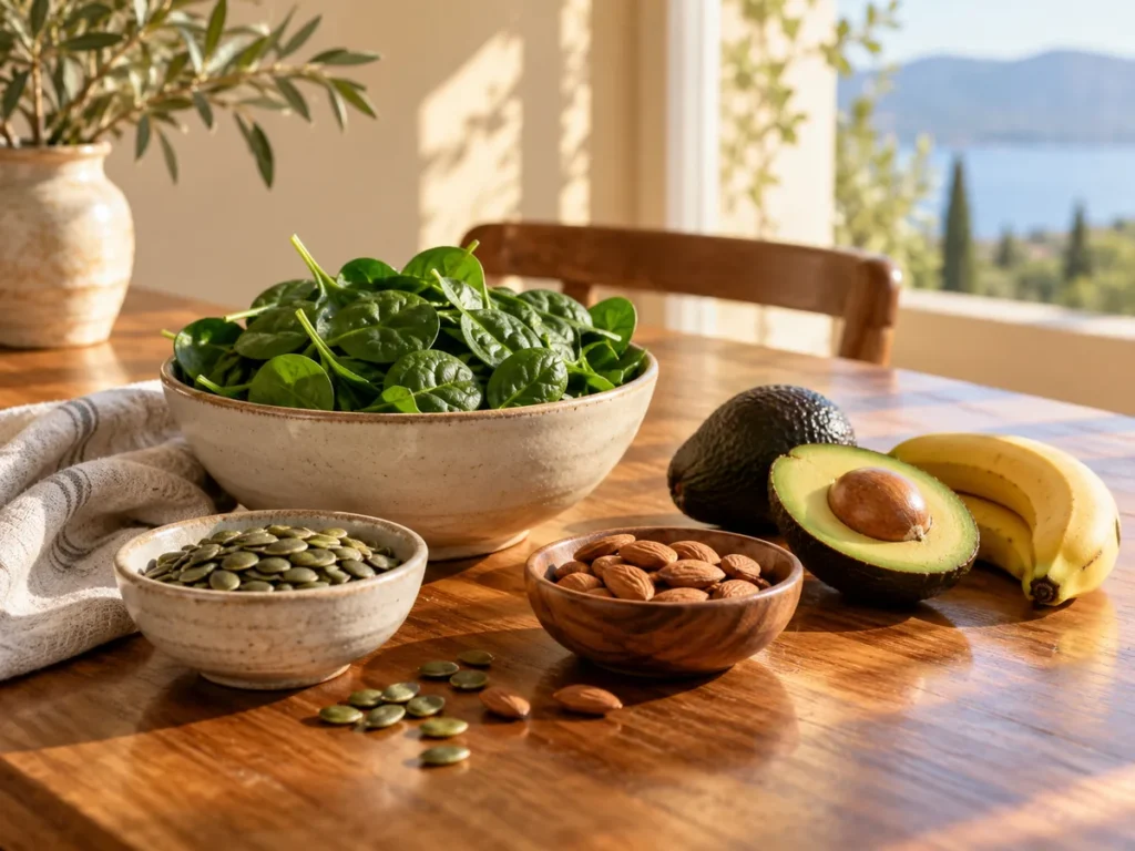 Espinafre, abacate, banana, amêndoas e sementes sobre mesa de madeira, exemplos de alimentos fontes de magnésio.