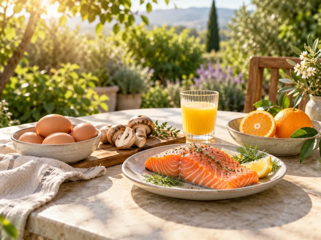 Salmão, ovos, cogumelos e frutas sobre mesa de jardim ensolarado, representando alimentação e vitamina D.