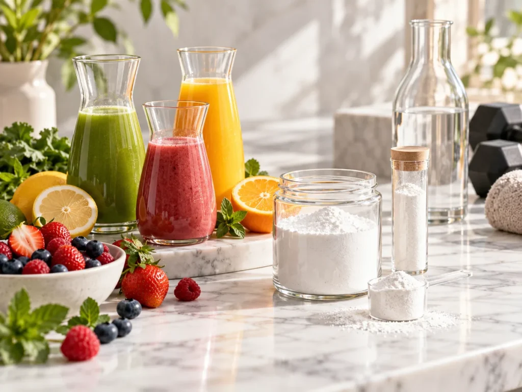 Creatina em pó ao lado de sucos e frutas sobre mesa de mármore, em contexto de nutrição e atividade física.