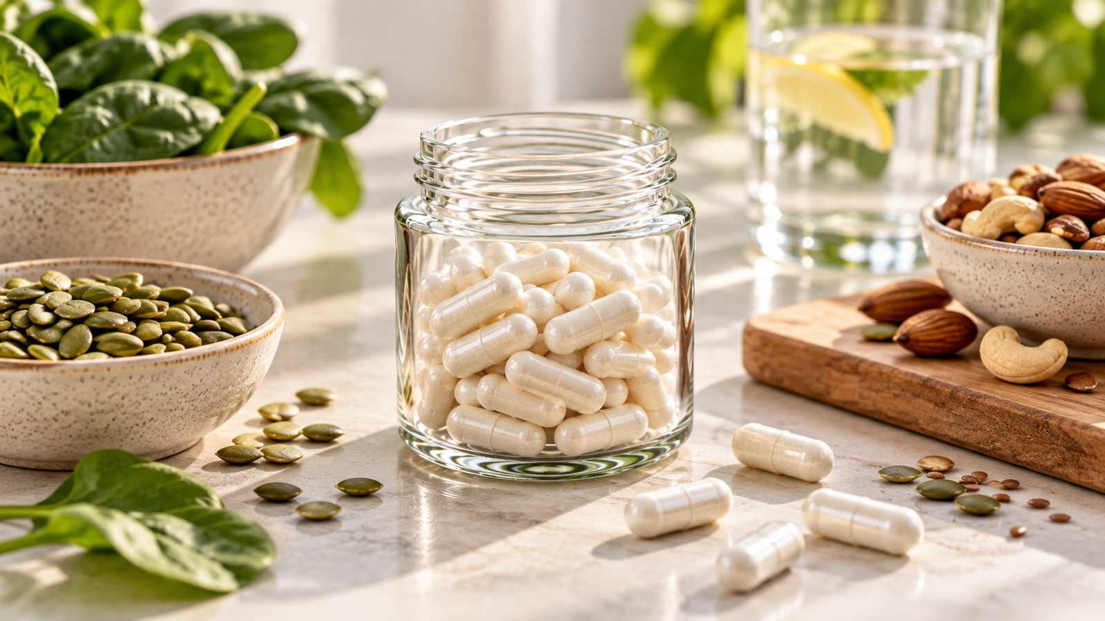 Cápsulas de magnésio com sementes, castanhas e alimentos naturais