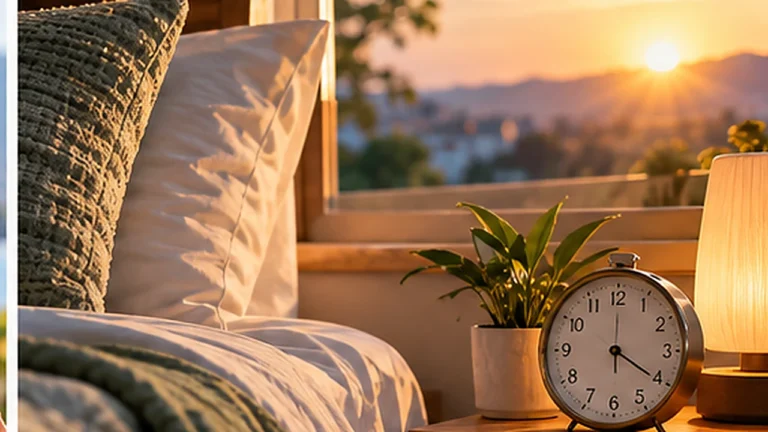 Quarto ao amanhecer com cama arrumada e relógio sobre a mesa de cabeceira.